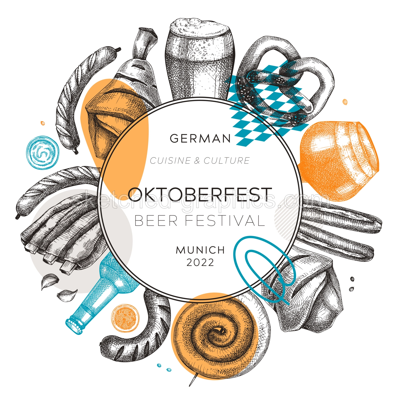 Oktoberfest wreath in collage style. German food and drinks menu design. Meat dishes sketches. German cuisine vintage frame. Traditional beer festival sketched illustration. Oktoberfest party banner Illustration
